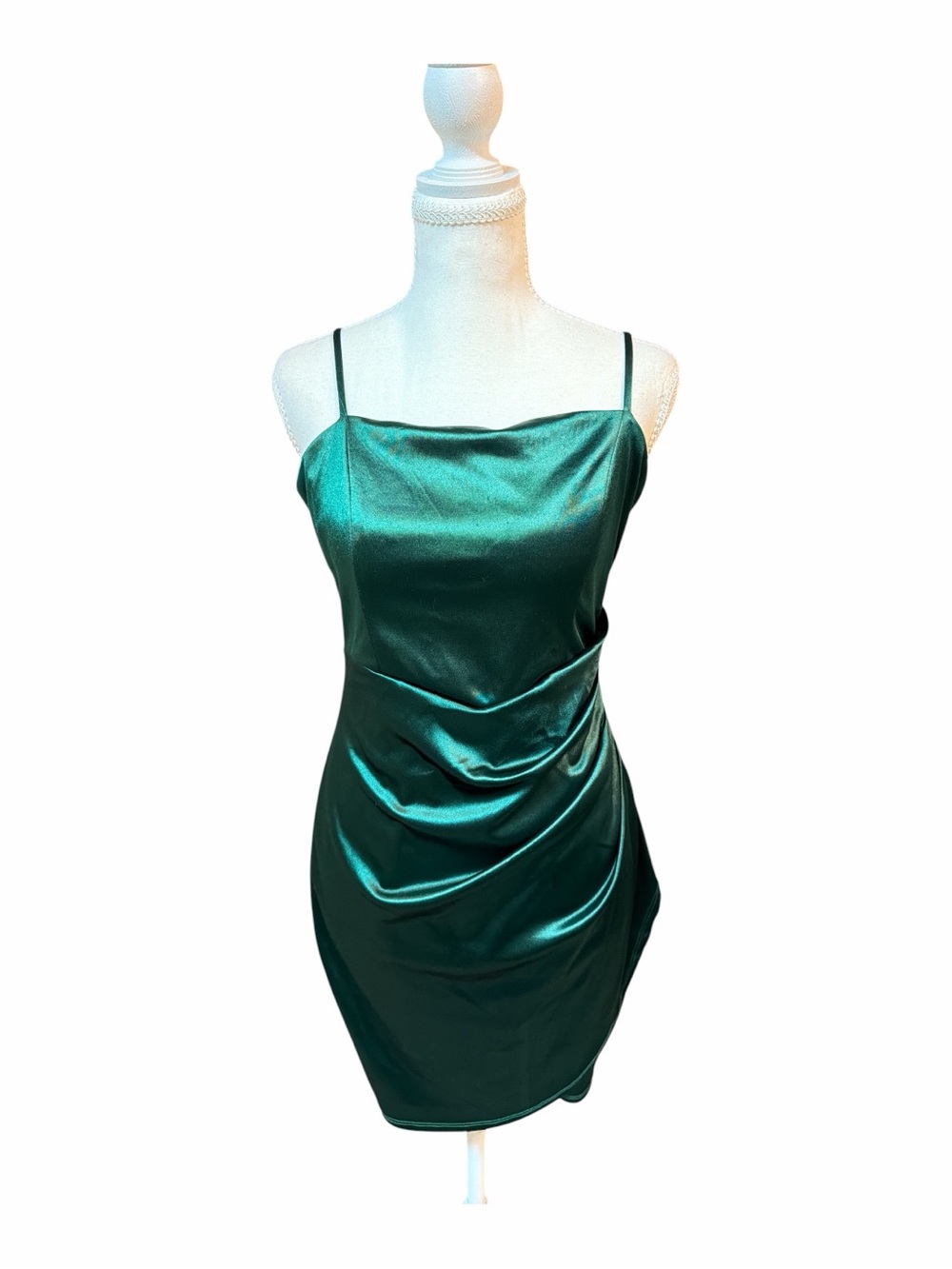 Y2K Glam Romantic Emerald Satin Honey and Rosie Ruched Slip Mini Dress M